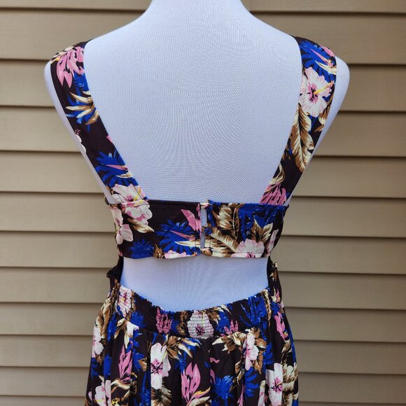 Everly Dark Purple Midi Dress Multicolor Floral Print Open-Back Lace-Up Neck - Picture 9 of 13